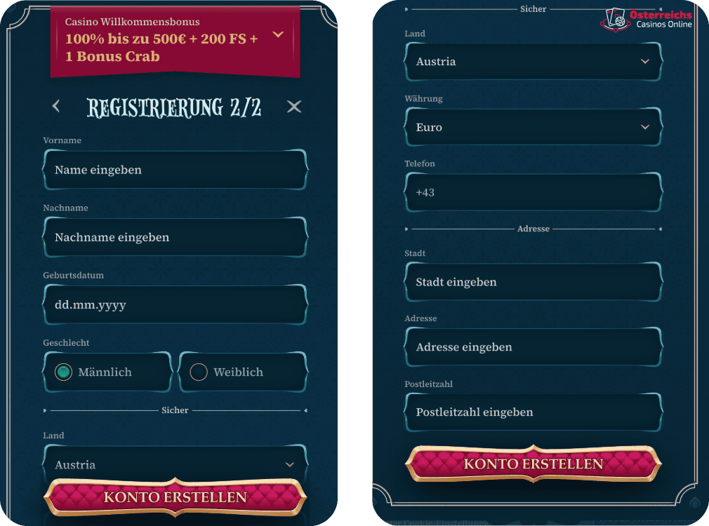Anmeldeformular Einfaches Registrierungsformular bei BetAlice Online Casino mit Schritt-für-Schritt-Anleitung für neue Spieler aus Österreich