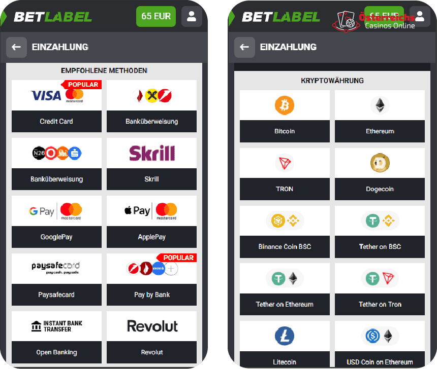 Zahlungsmethoden im Bet Label Casino Zahlungsmethoden im BetLabel Casino Online für österreichische Spieler, einschließlich schneller Transaktionen über Kryptowährungen, eWallets und Bankkarten