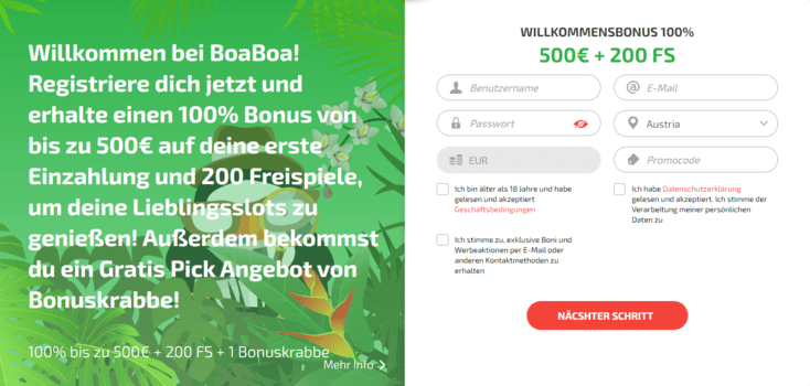 Registrierungsprozess Registrierung bei BoaBoa Casino für Spieler aus Österreich 2025