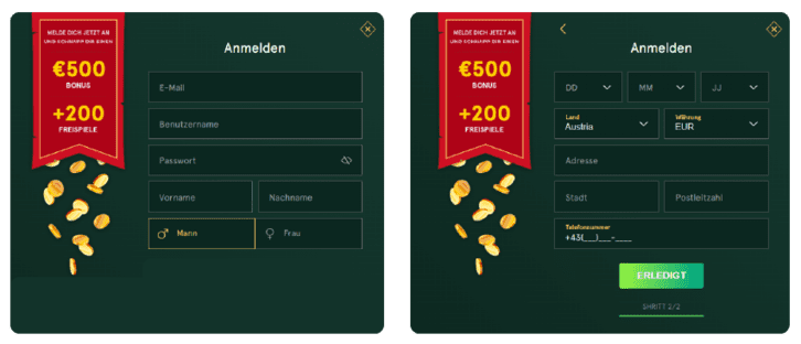 Registrierungsprozess Registrierung bei Casinia Casino für Spieler aus Österreich 2025