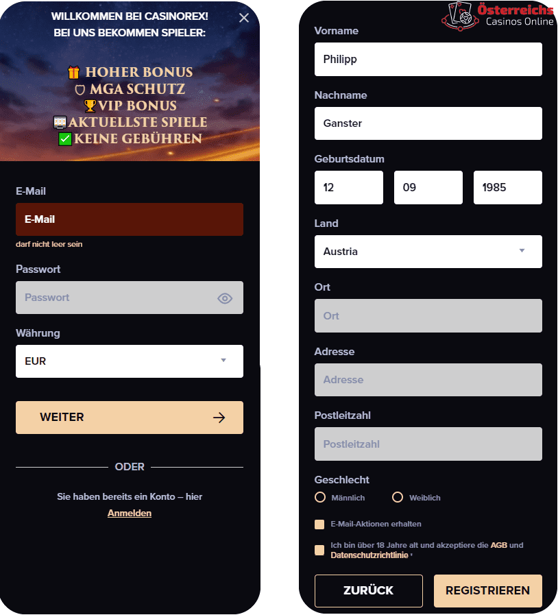 Registrierungsprozess Registrierung bei Casinorex für Spieler aus Österreich 2025