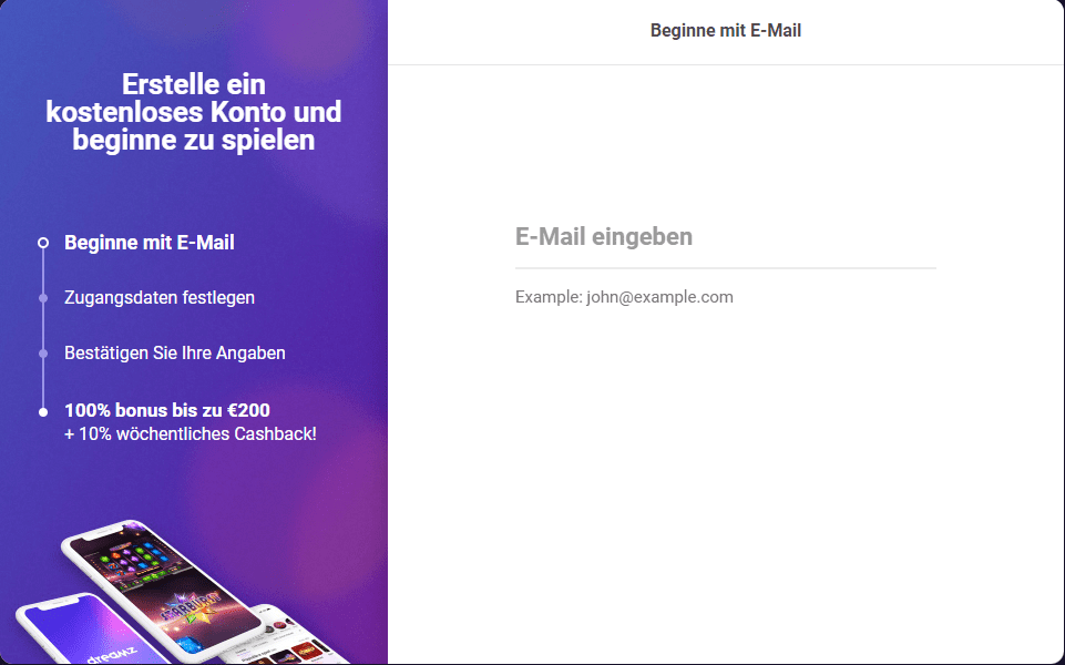 Registrierungsprozess Registrierung bei Dreamz Casino für Spieler aus Österreich 2025
