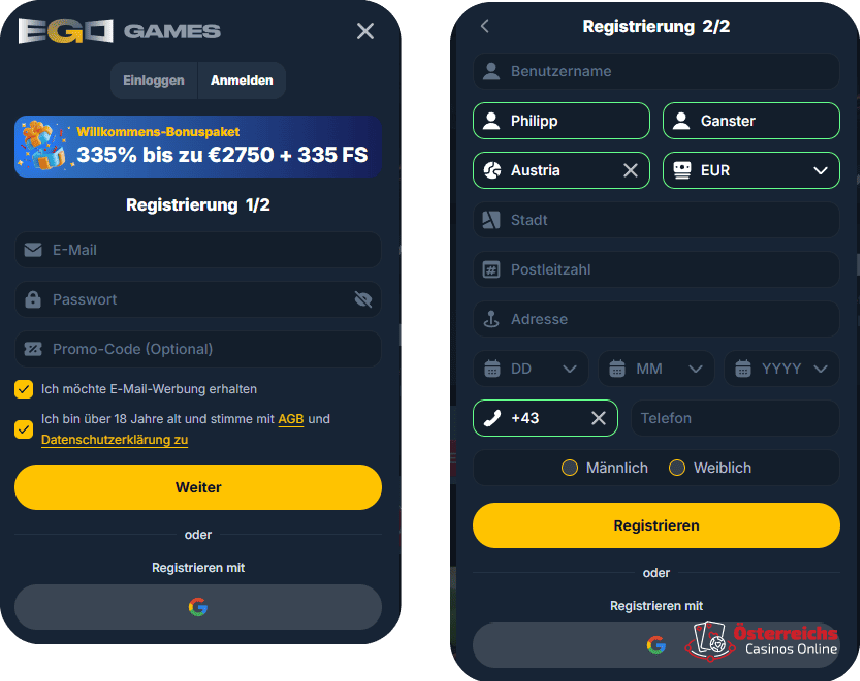 Anmeldeformular für das EgoGames Online Casino