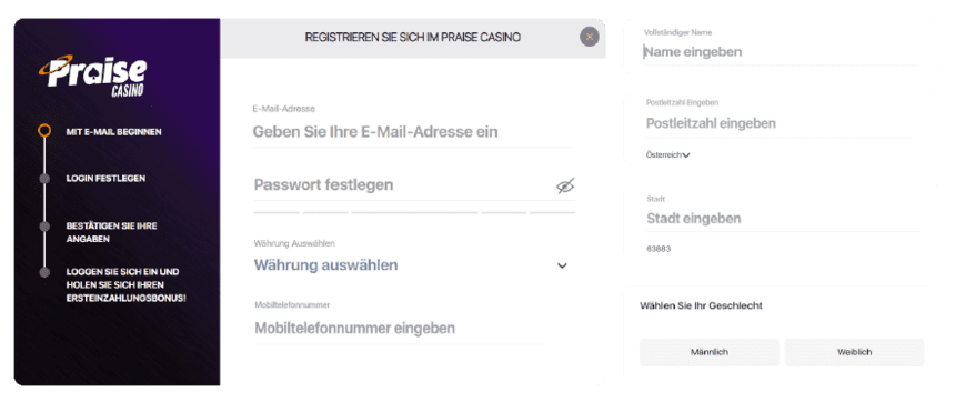 Registrierungsprozess Registrierung bei Praise Casino für Spieler aus Österreich 2025