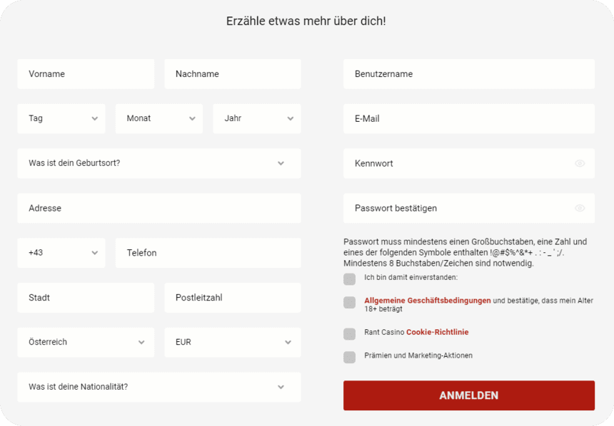 Registrierungsprozess Registrierung bei RANT Casino für Spieler aus Österreich 2025