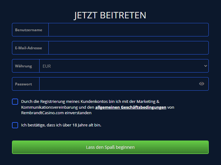 Registrierungsprozess Registrierung bei Rembrandt Casino für Spieler aus Österreich 2025