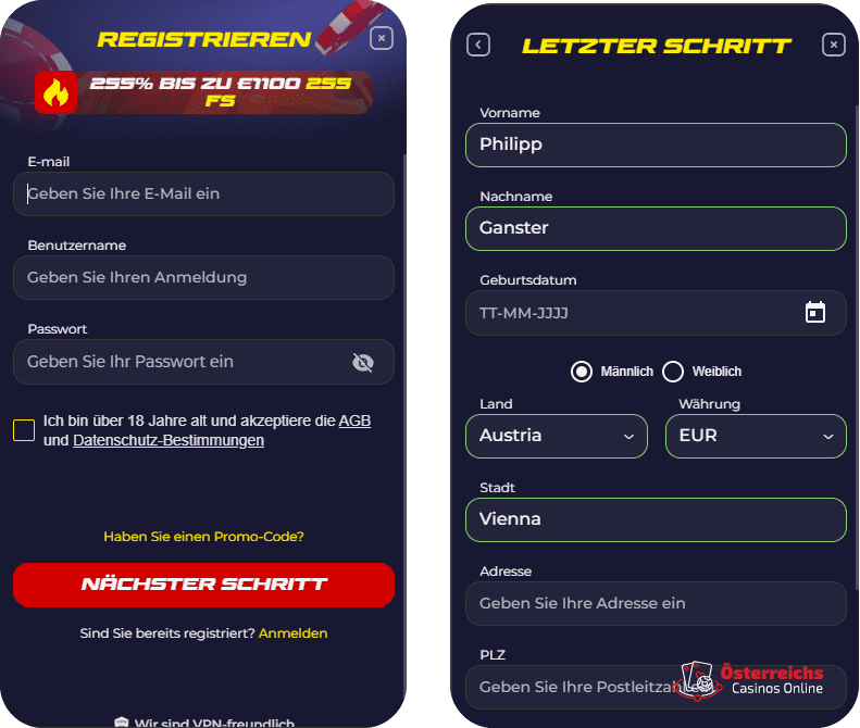 Anmeldeformular Anmeldeformular für das Сasino Slota Website 2025