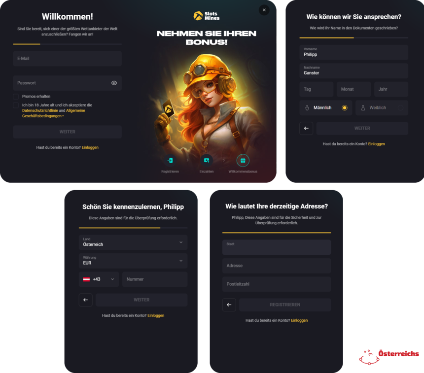 Registrierungsprozess Registrierung bei Slots Mines für Spieler aus Österreich 2025