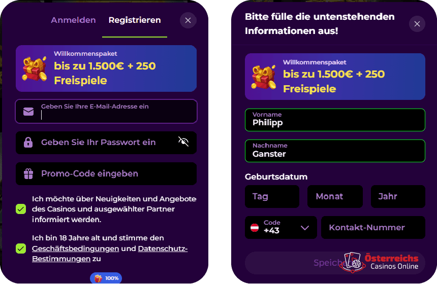 Registrierung bei SpinMama AT Casino Anmeldeformular für das Spinmama Kasino