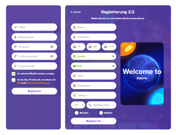 Registrierungsprozess Registrierung bei Stelario Casino für Spieler aus Österreich 2025