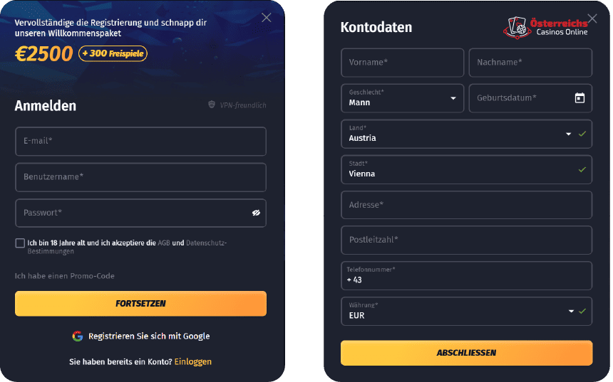 Anmeldeformular auf der Casino Win Shark Anmeldeformular auf der österreichischen Website des Casinos Winshark AT
