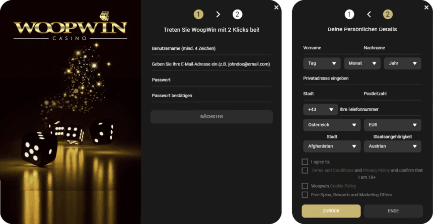 Registrierungsprozess Registrierung bei Woopwin für Spieler aus Österreich 2025
